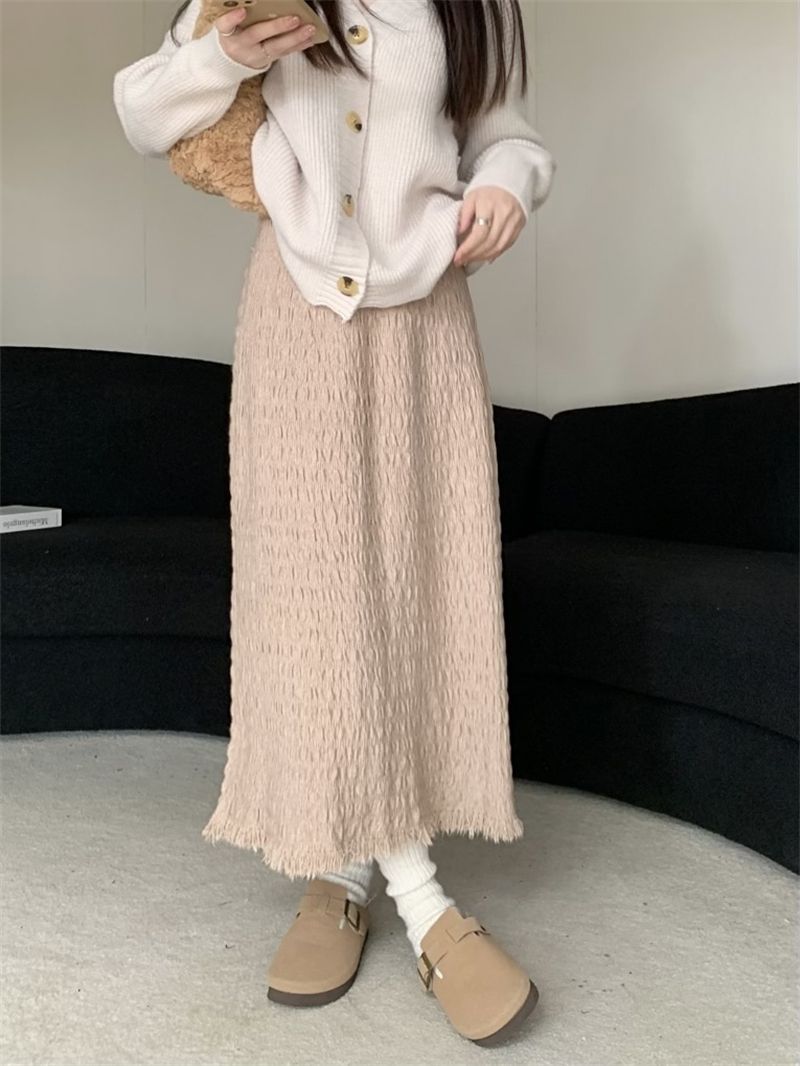 ロングスカート シワ加工マーメイド裾フリンジスカート