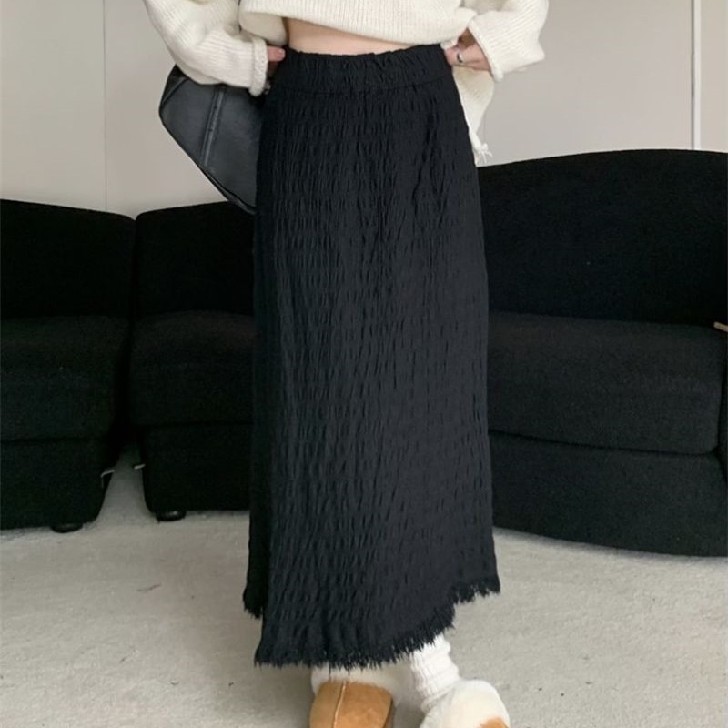 ロングスカート シワ加工マーメイド裾フリンジスカート