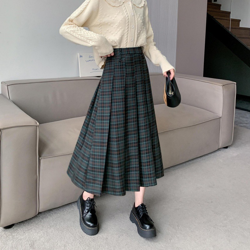 ロングスカート クラシック風チェックプリーツスカート