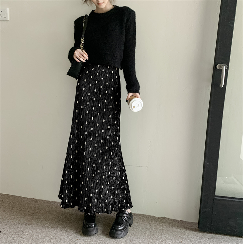 ロングスカート 水玉柄プリーツマキシスカート
