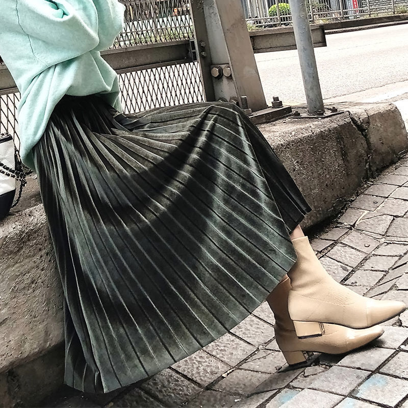 ロングスカート 優美なベロア風プリーツミディスカート