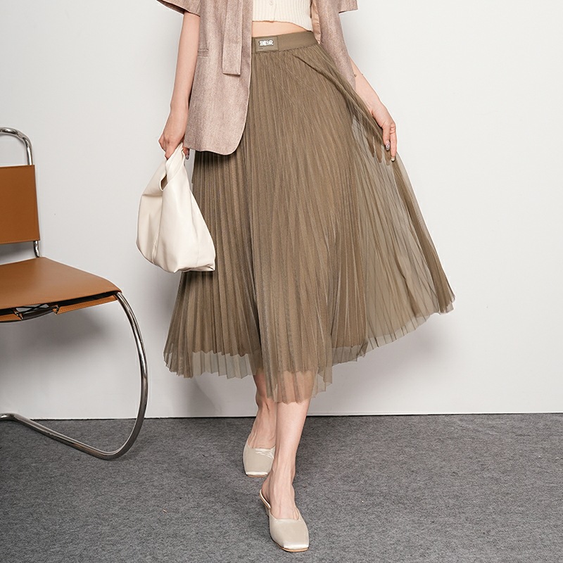 ロングスカート 重ね着風チュールプリーツスカート