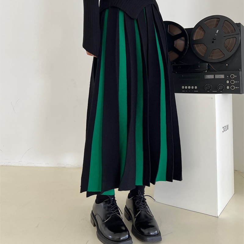 バイカラー切り替えギャザープリーツロングスカート