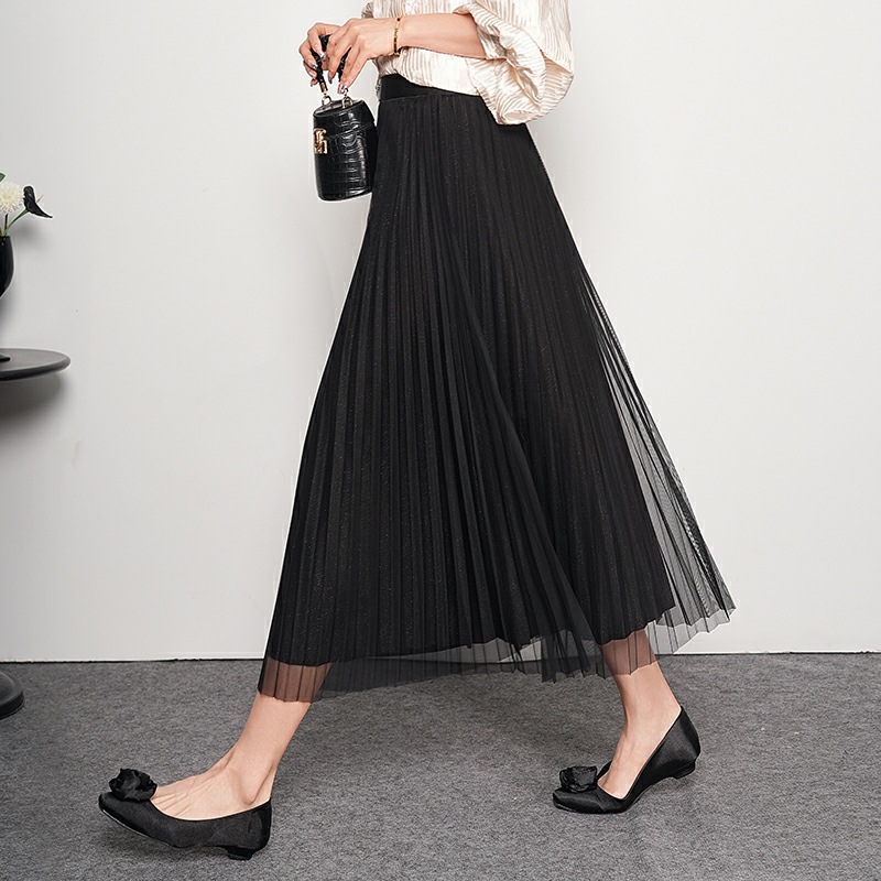 ロングスカート 重ね着風チュールプリーツスカート