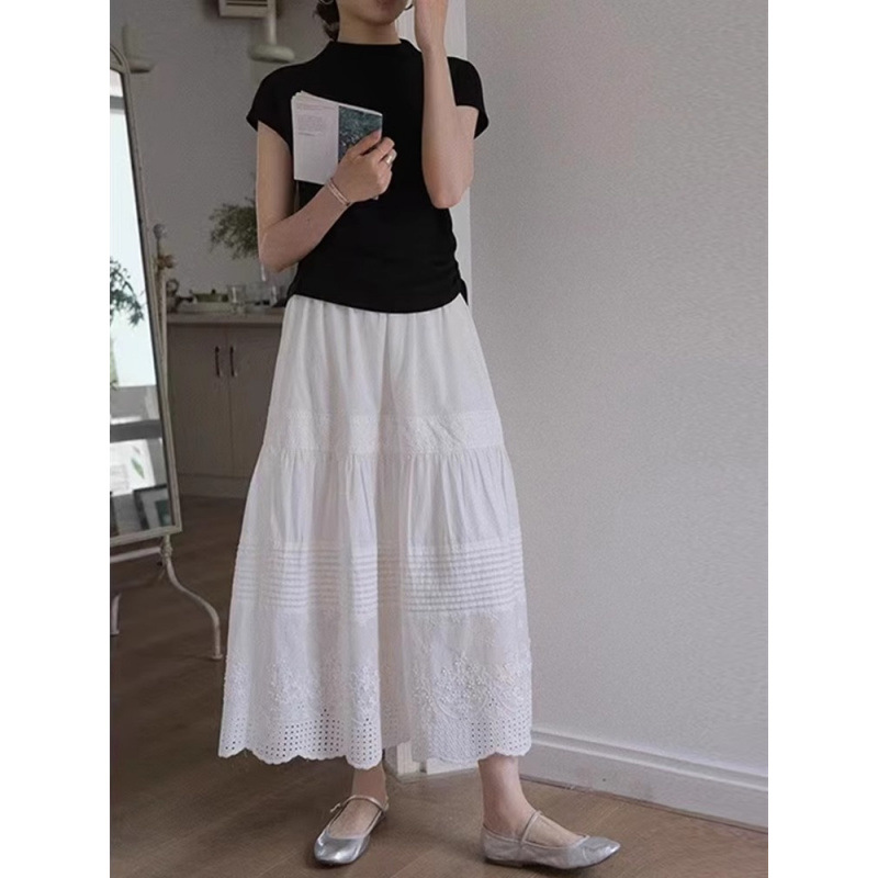 ロングスカート 刺繍入り裾スカラップティアードシフォンスカート