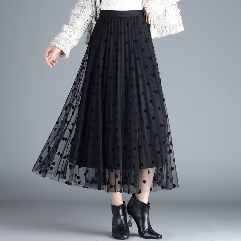 ロングスカート 水玉模様メッシュプリーツスカート