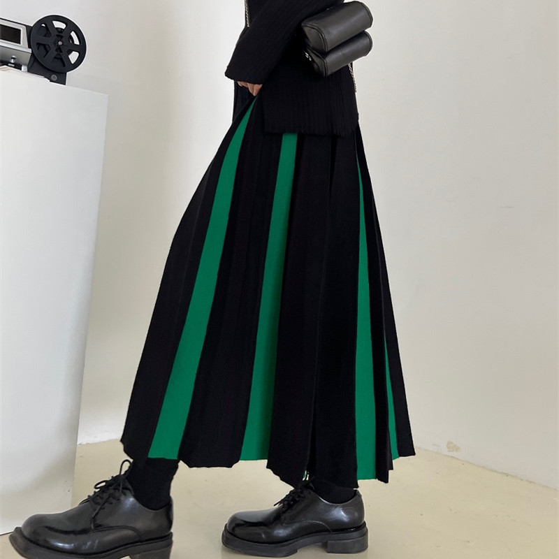 バイカラー切り替えギャザープリーツロングスカート