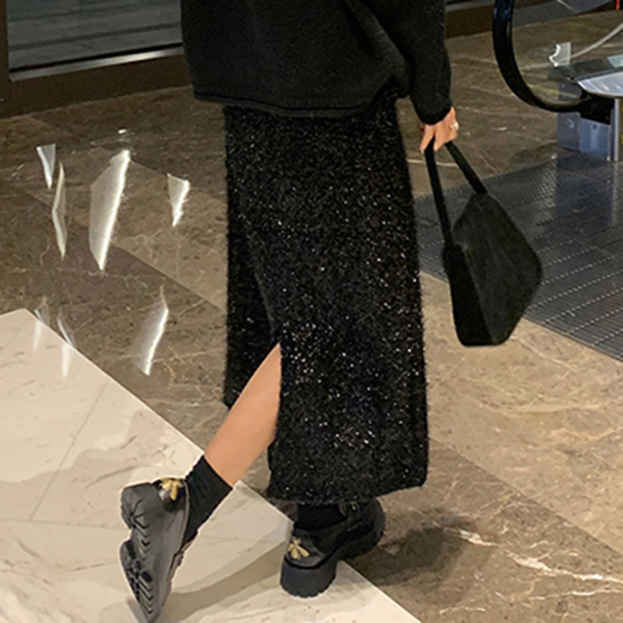 ロングスカート きらめき輝くスパンコール入り光沢スカート