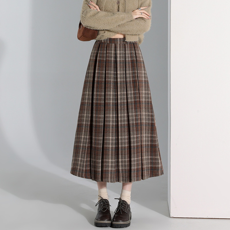 ウール混格子柄プリーツロングスカート