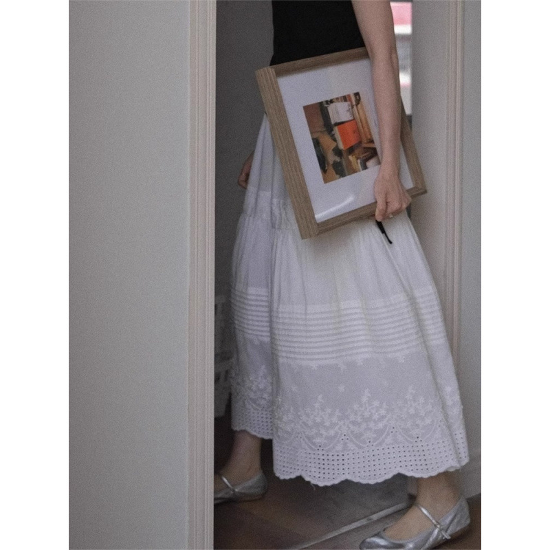 ロングスカート 刺繍入り裾スカラップティアードシフォンスカート