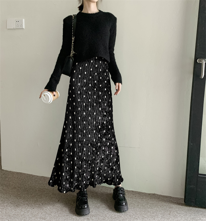ロングスカート 水玉柄プリーツマキシスカート