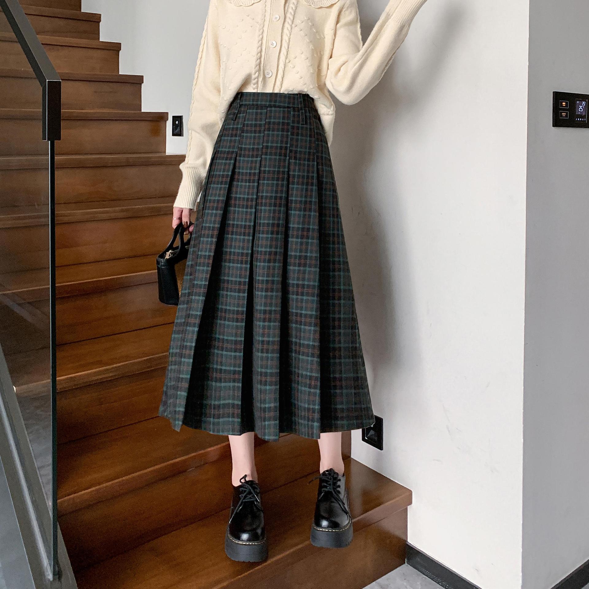 ロングスカート クラシック風チェックプリーツスカート