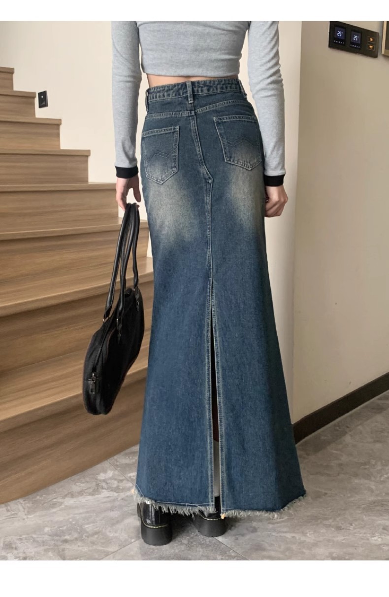 ロングスカート パッチワーク風マキシデニムスカート